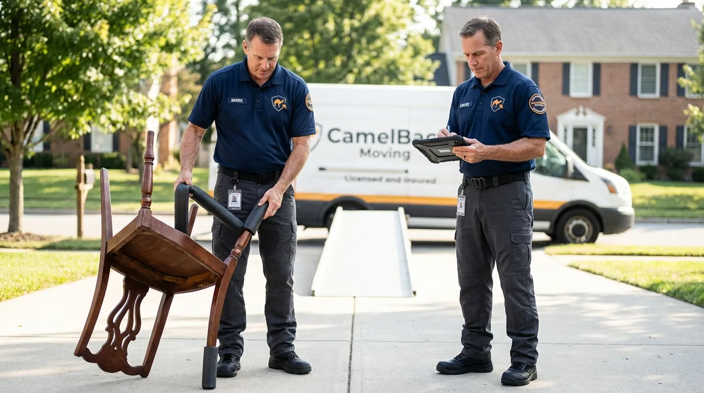 Movers inspecting furniture for damage prevention before loading in Hamburg, PA