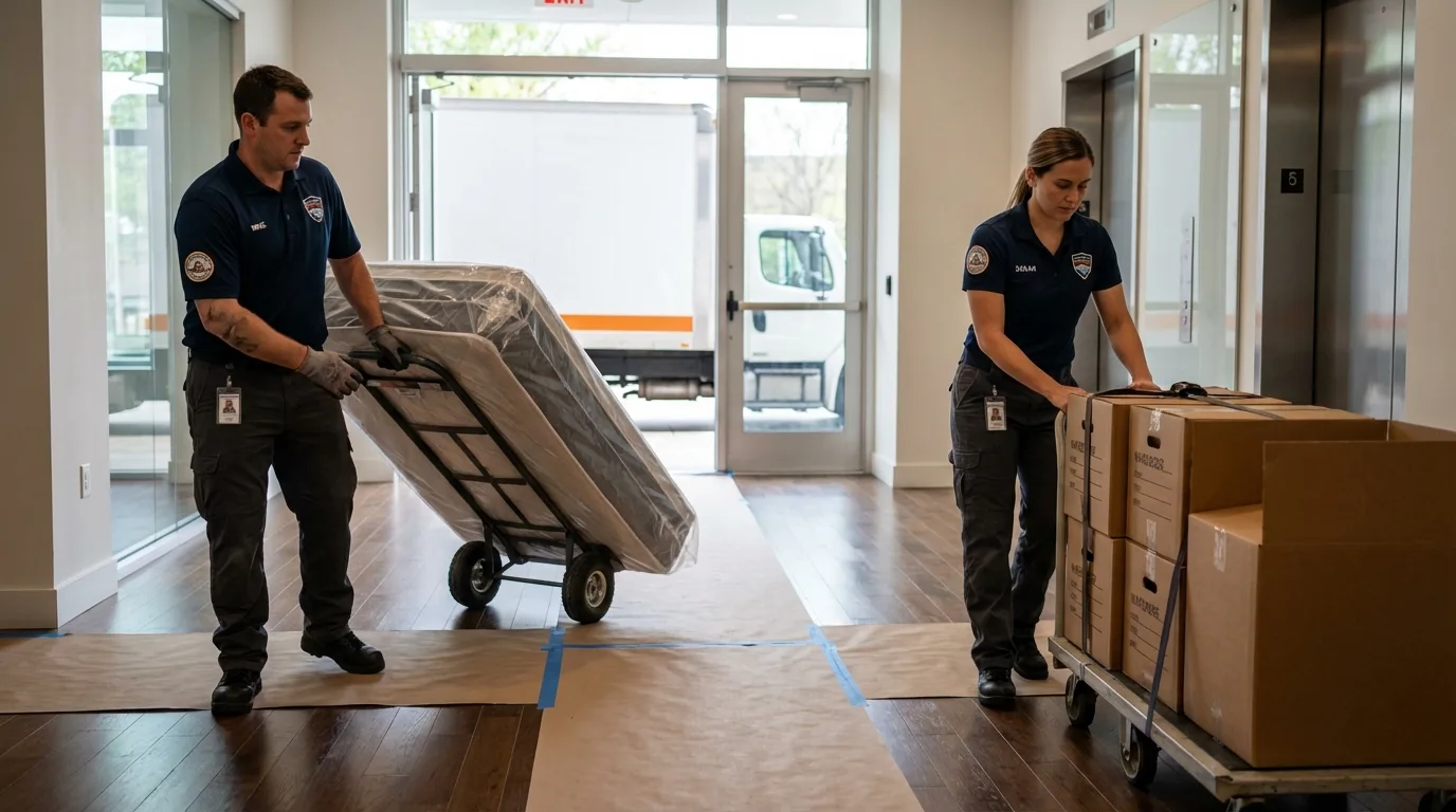 Professional apartment movers loading elevator in Hamburg, PA