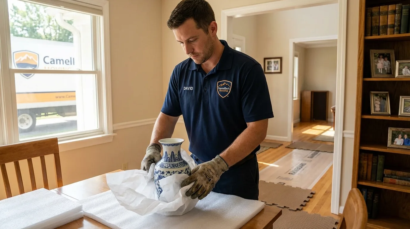 Professional crew carefully wrapping antique vase for senior downsizing move in Hamburg, PA
